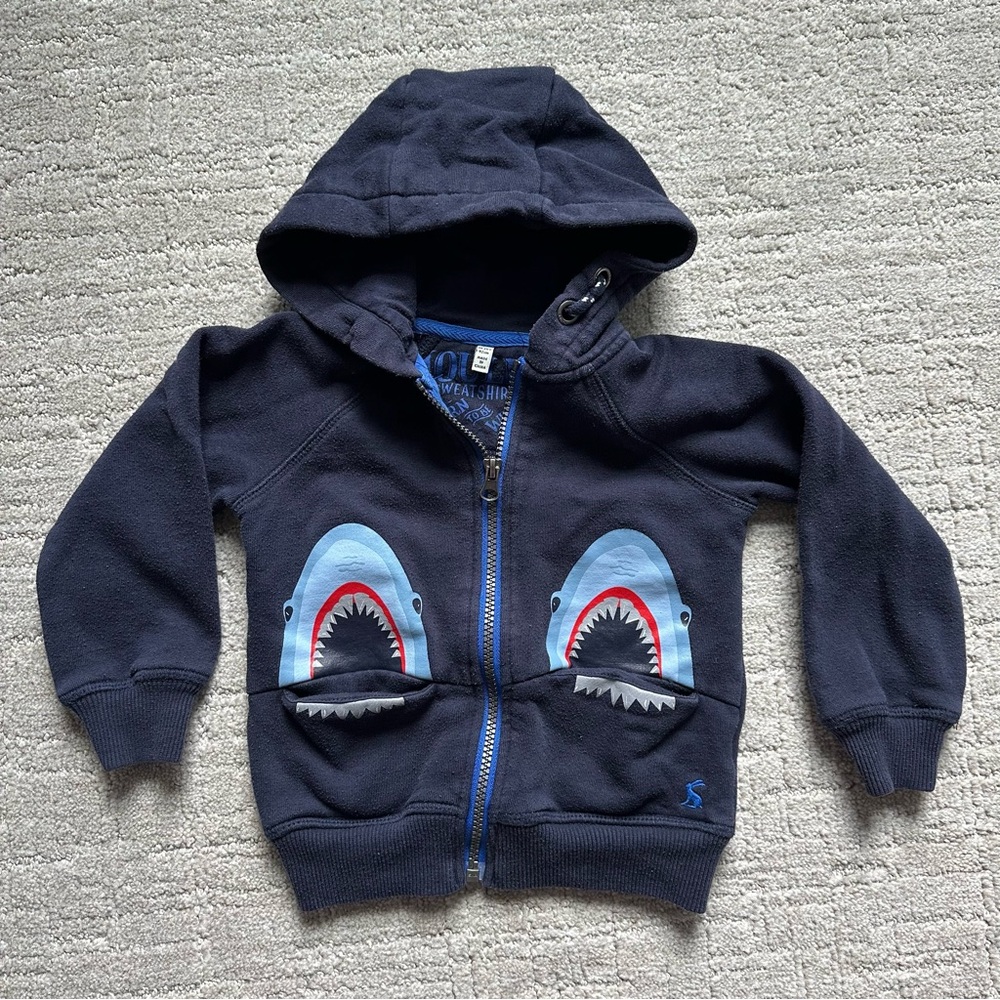 Kids Navy Shark Hoodie - size: 2/3years